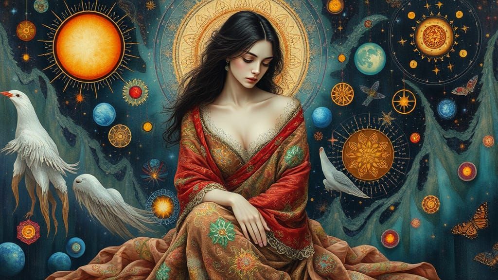 Ethereal Figure Amidst Whirling Patterns