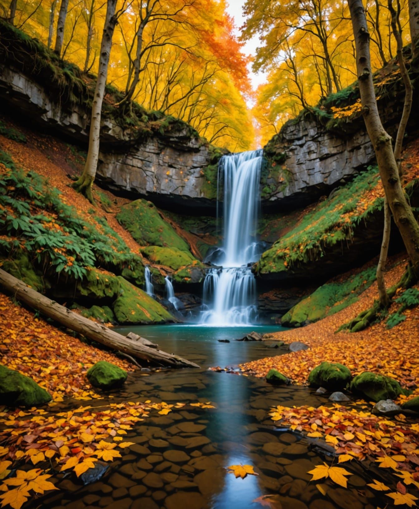 Hidden Waterfall Amidst Glowing Autumn Leaves