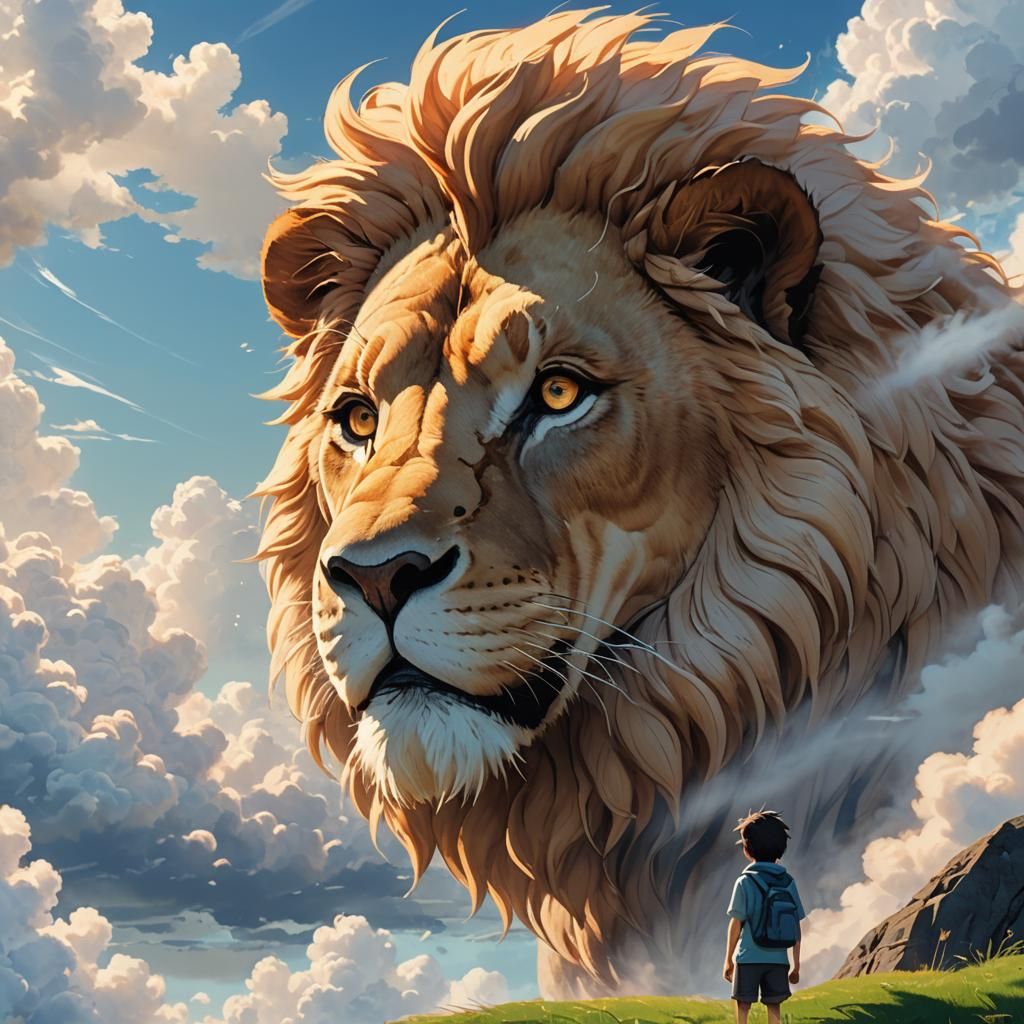 Cloud Lion Over Boy: Stylized 3D Anime Art