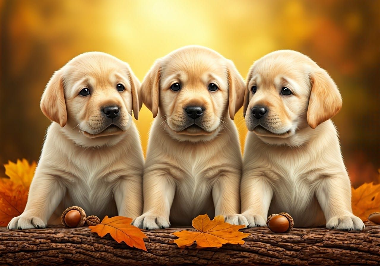 Golden Lab Puppies Playing in Autumn Sunlight