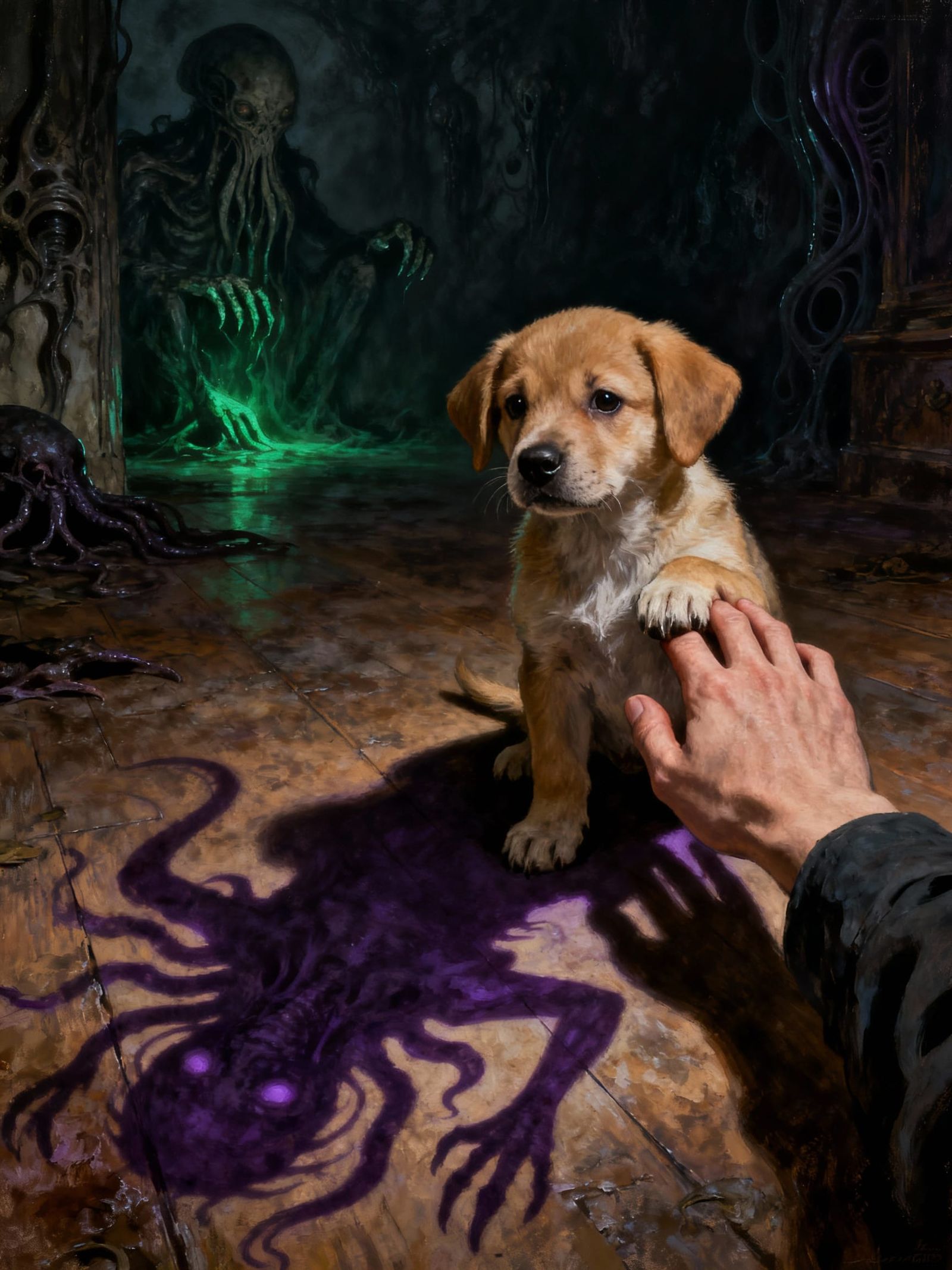 First Person View Petting a Puppy With a Sinister Shadow