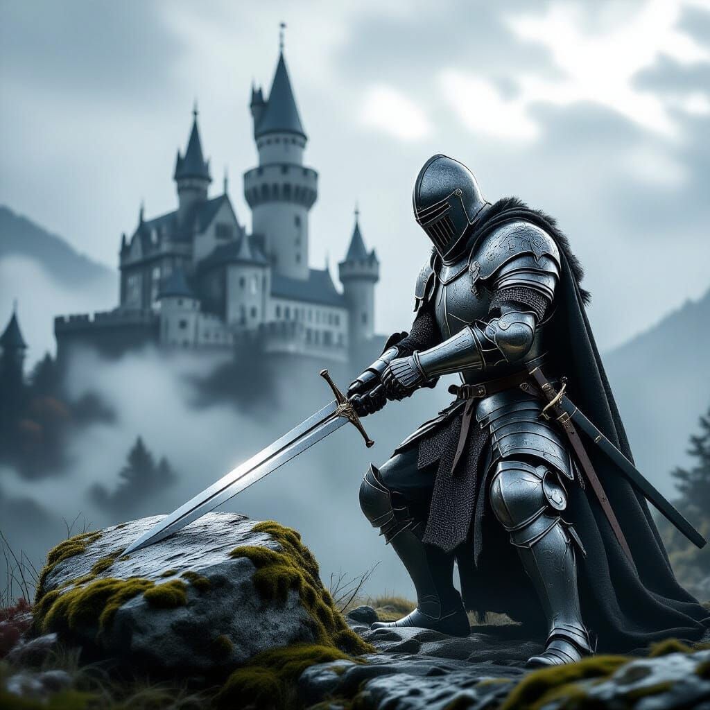 Knight Pulls Sword From Stone Before Castle