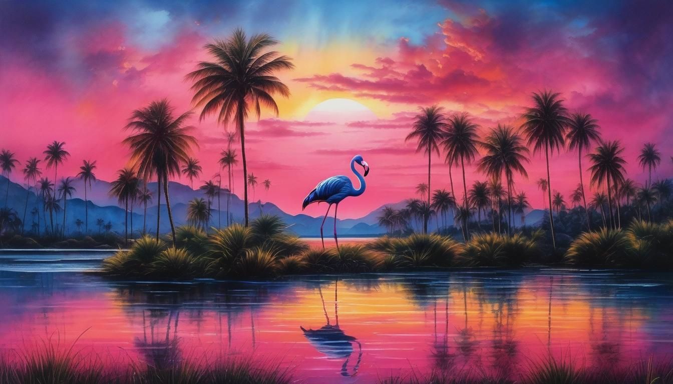 Elegant Pink Flamingo Sunset in Watercolor