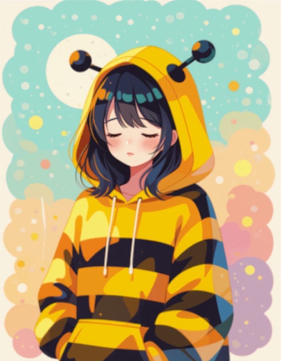 Girl in Bumblebee Hoodie: Impressionistic Digital Art