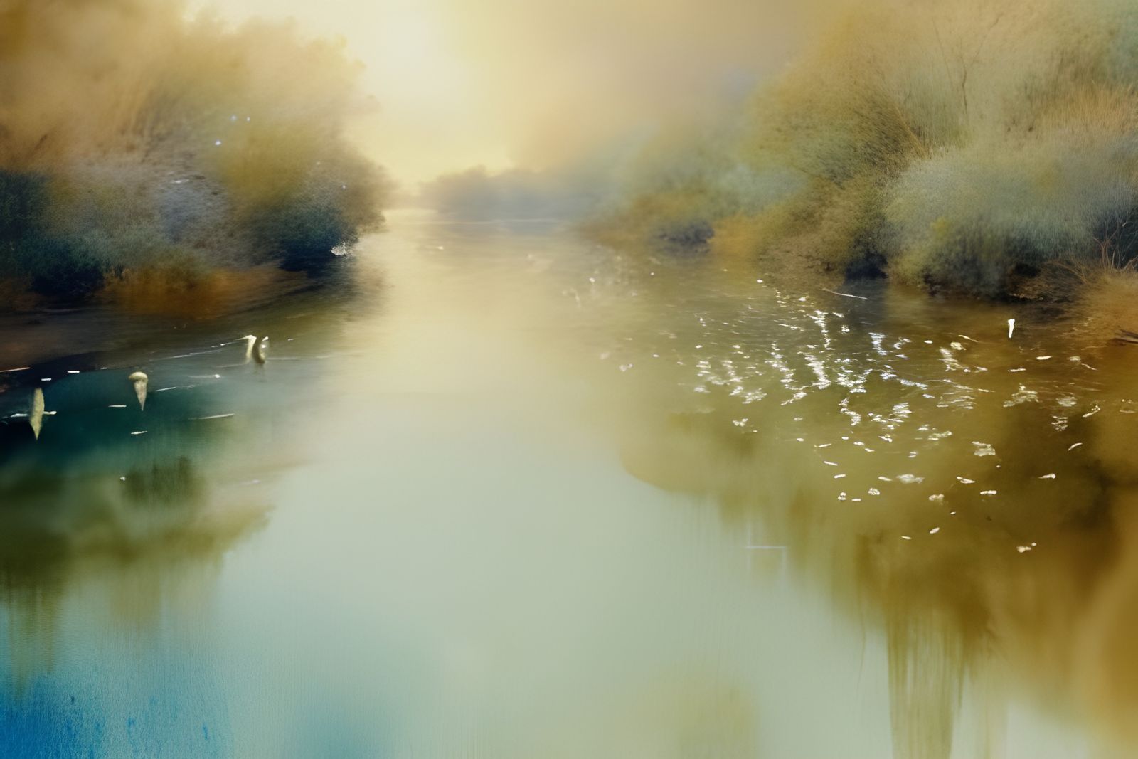 Blue River Watercolor Painting with Birds in Sky