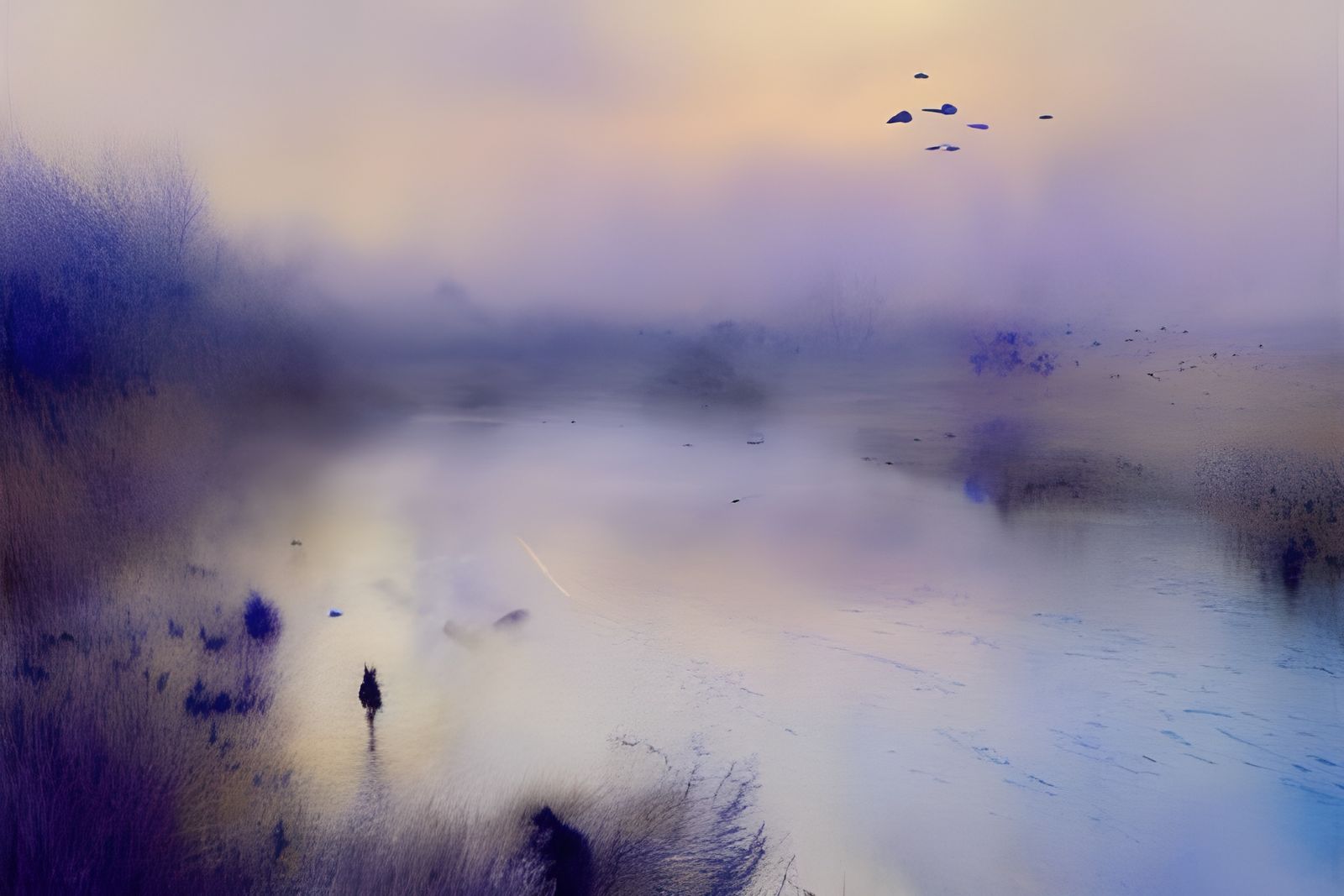Blue River Watercolor Painting with Birds
