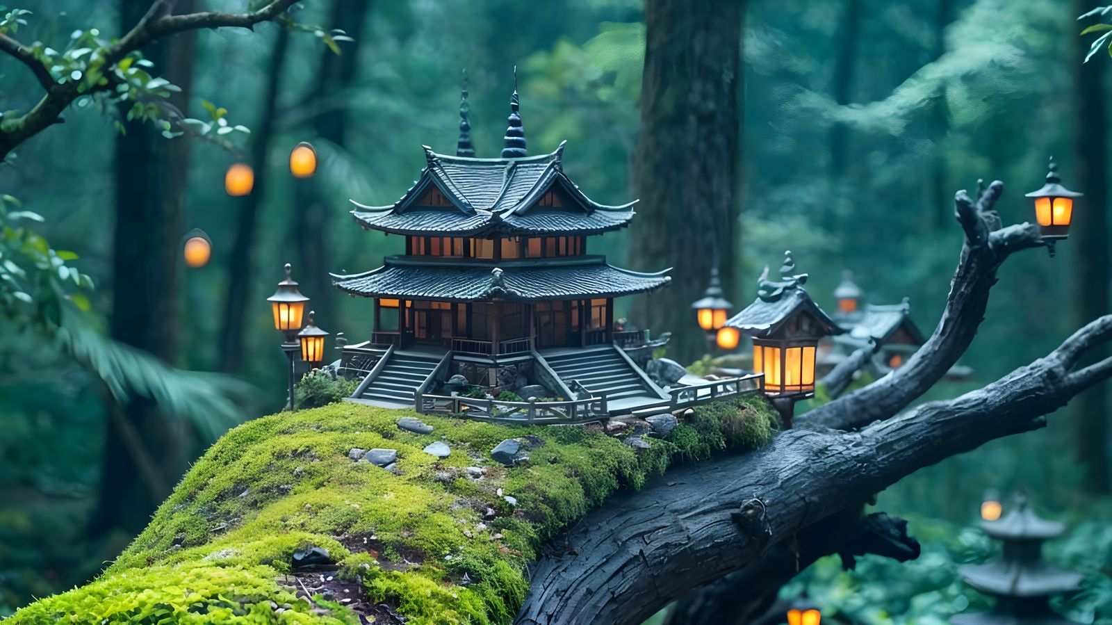 Temple City on Fallen Tree Log in Mystical Forest