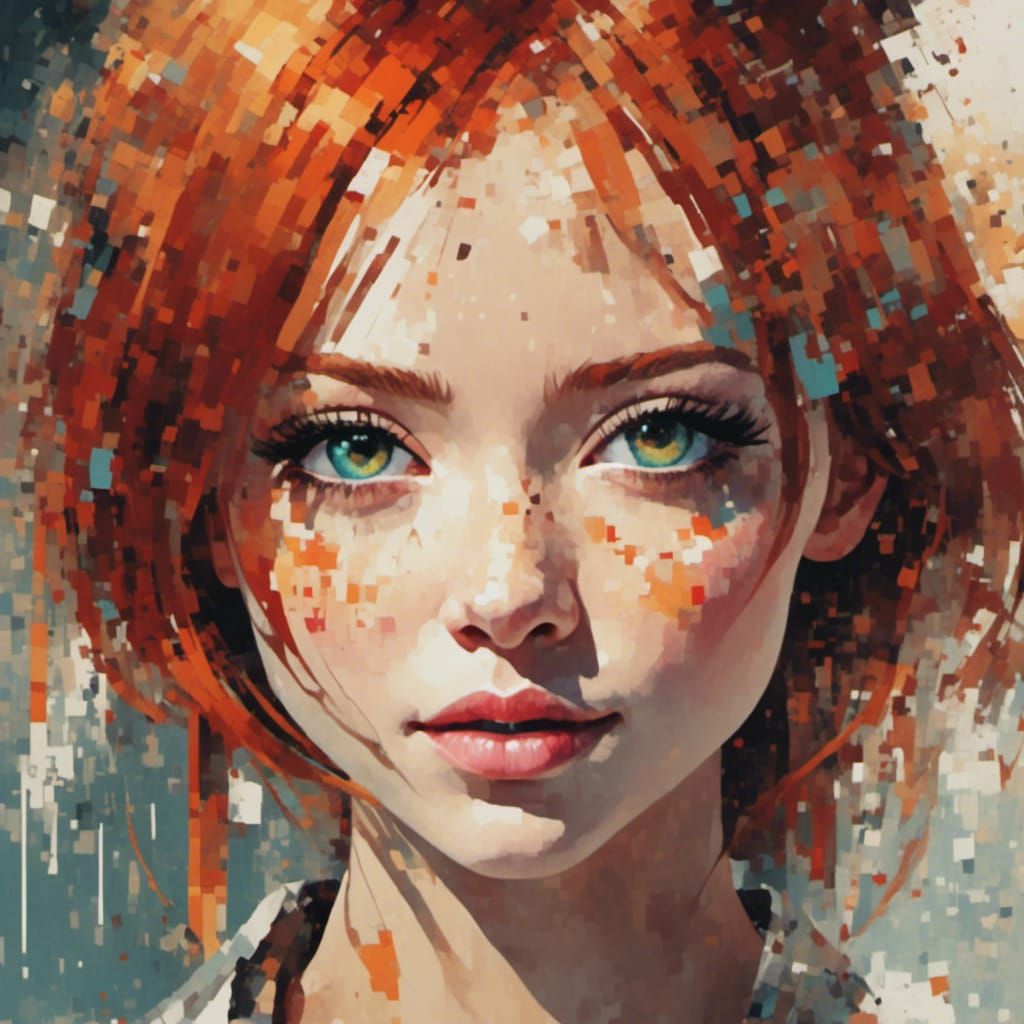 <lora:Fun Lora:1.0> Portrait of beautiful  redhead with fragmented, pixelated effects that add a unique, digital twist.