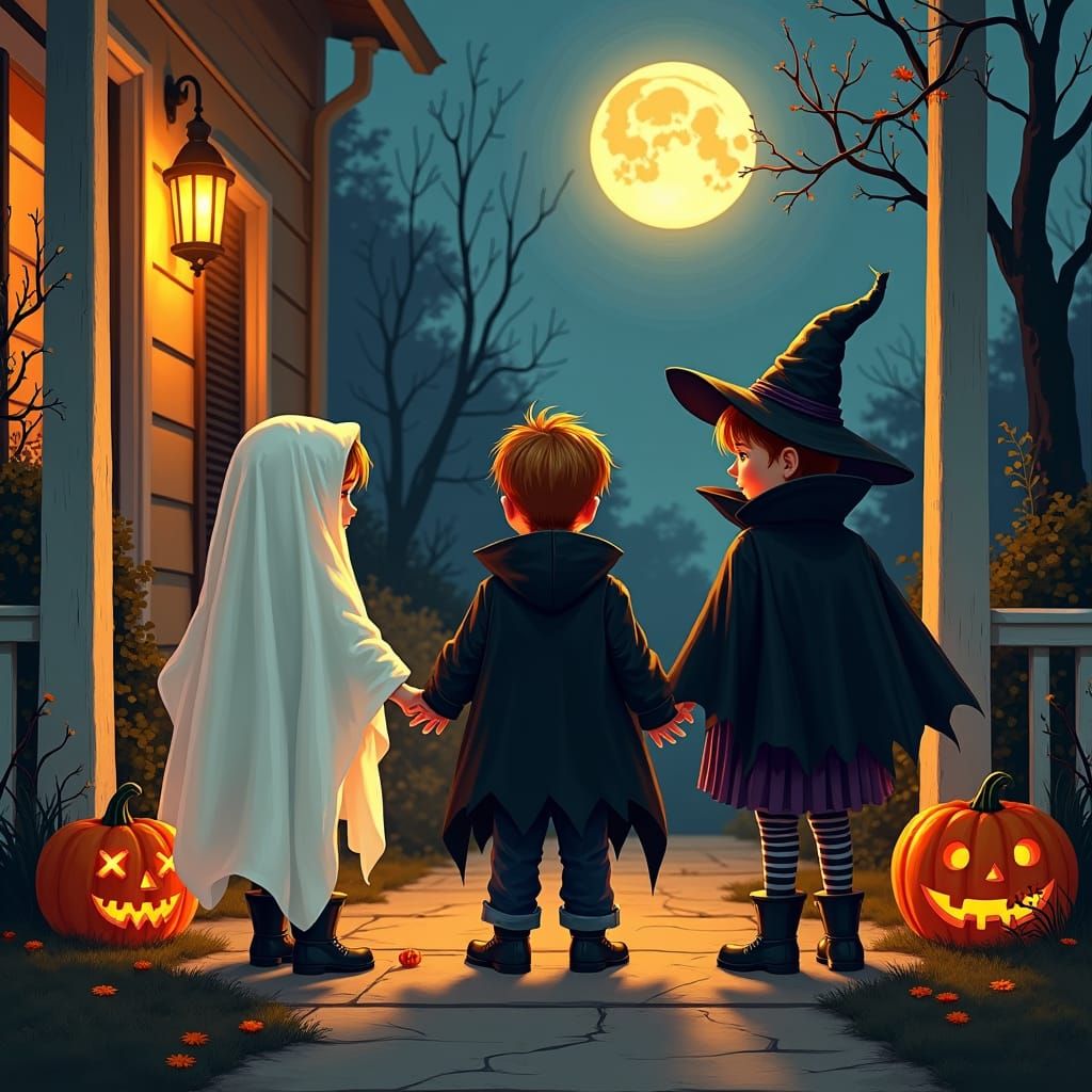 Halloween Night on the Porch: Digital Illustration