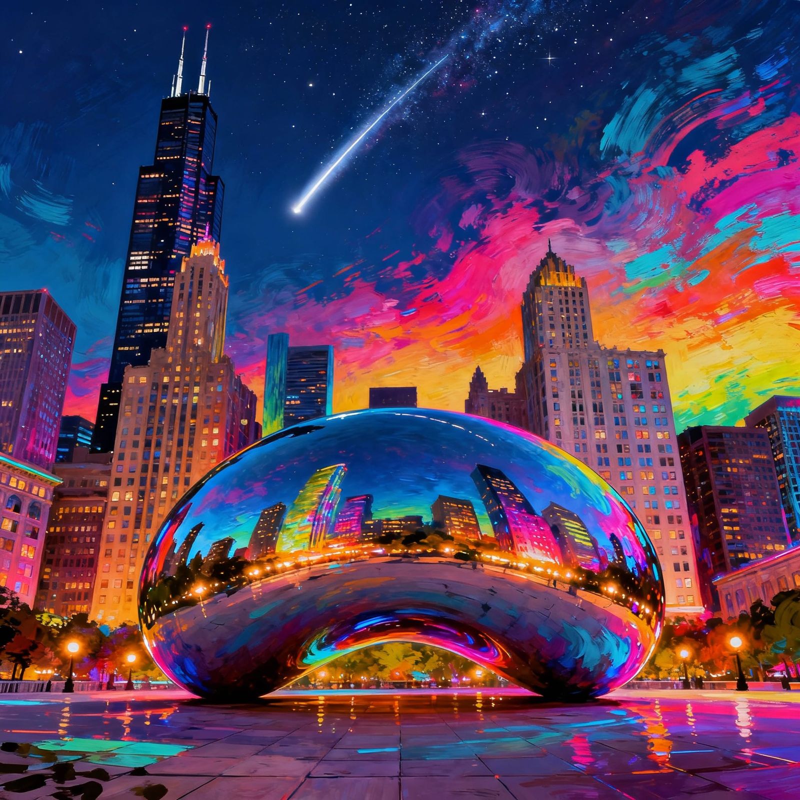 Halley's Comet Over Chicago's Bean in Psychedelic Style