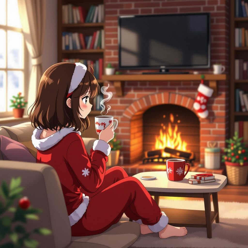 Anime Girl Enjoys Hot Cocoa by Fireplace