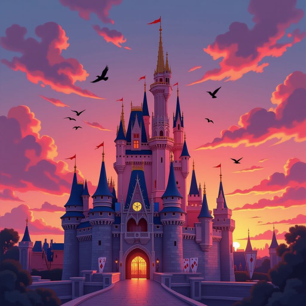 Playing Card Castle at Sunset in Fantasy Illustration Style