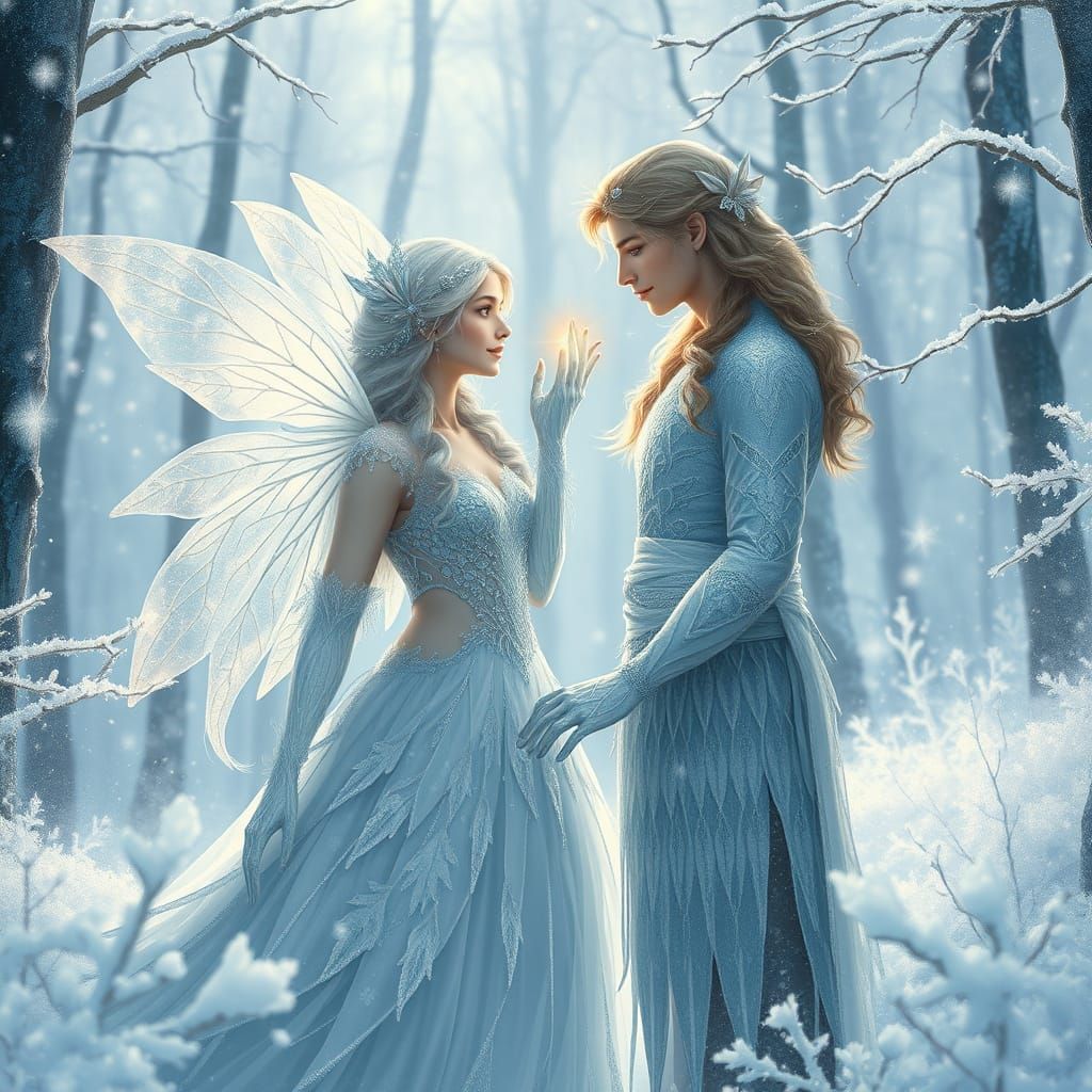 Ethereal Winter Fae Couple in Frosty Forest