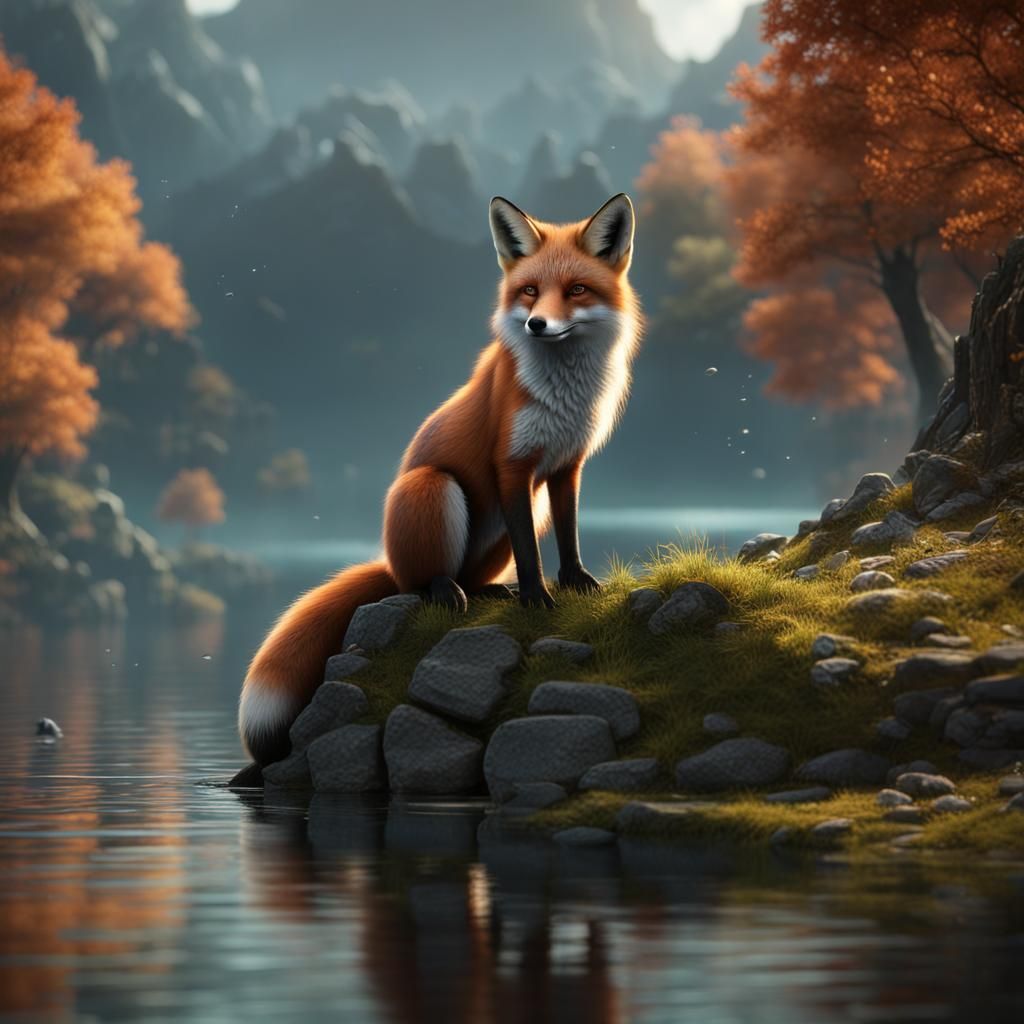 Fox at Lake Edge: Detailed Matte Painting