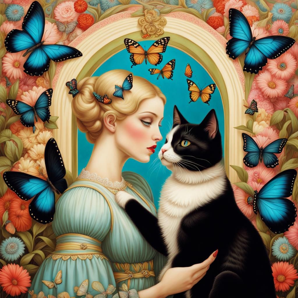 Woman Kisses Cat in Psychedelic Garden, Mark Ryden Style