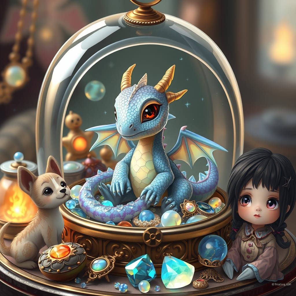 Miniature Opal Dragon in Glass Jewelry Box