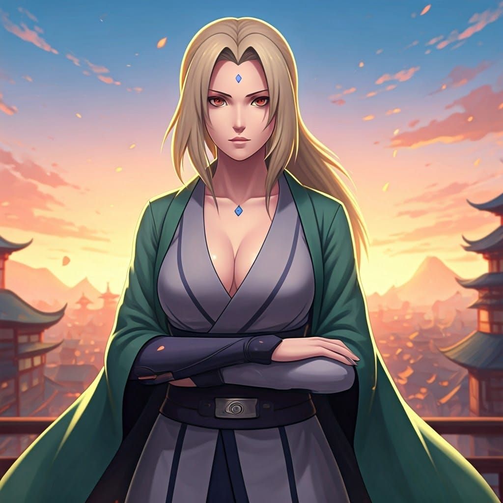 Tsunade in Vibrant Hokage Attire, Inspired by Genshin Impact...