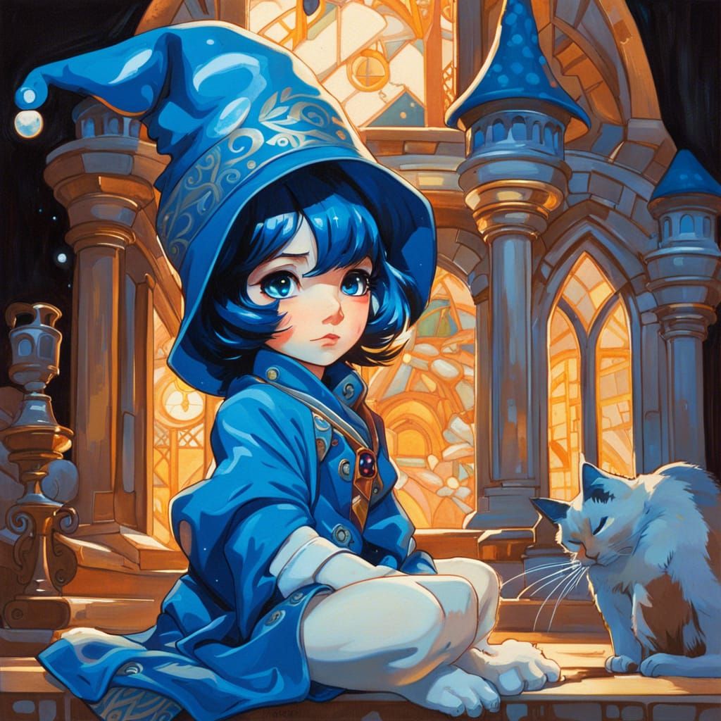 Blue Glowing Cat Wizard in Comic Book Style