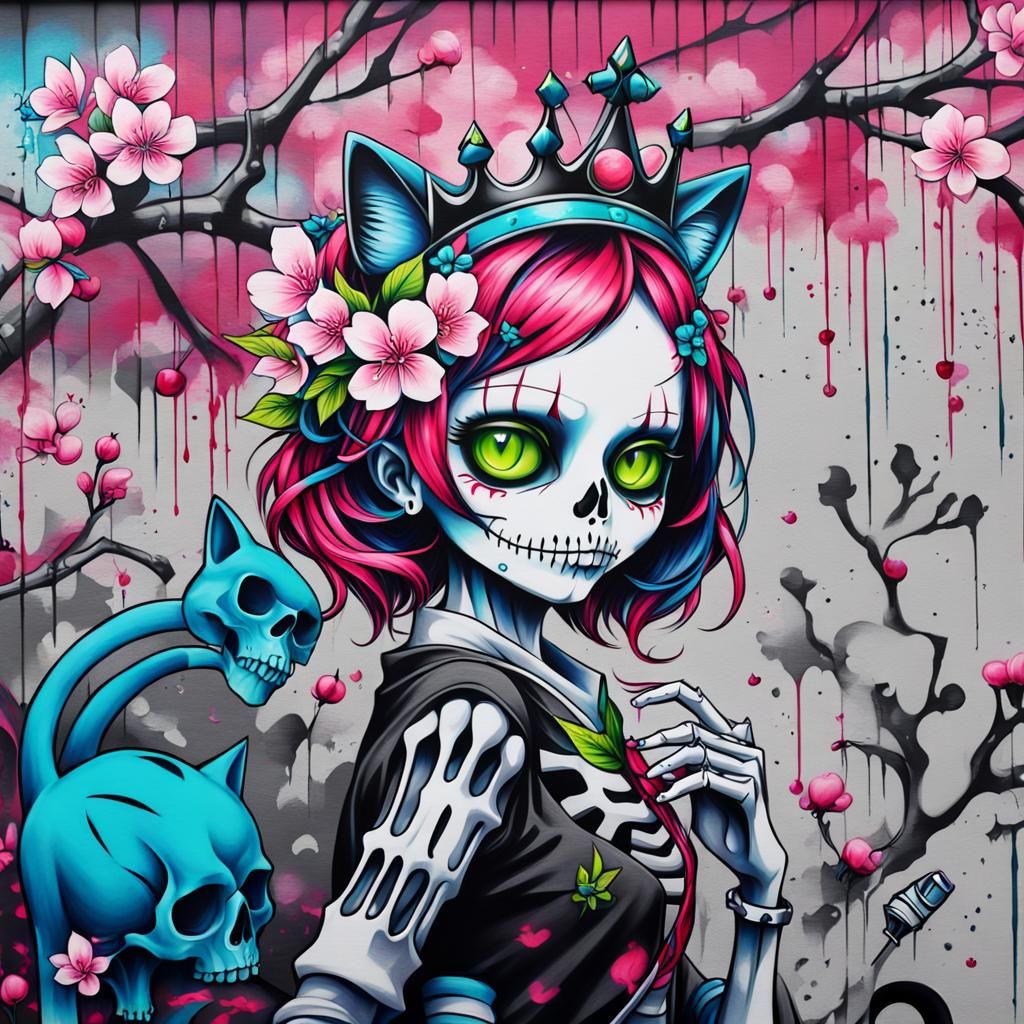 Skele Cat Girl Graffiti Art with Cherry Blossoms