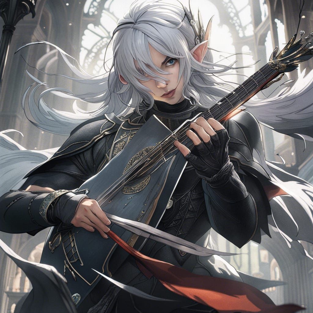 Magical Elven Bard with Silver Hair in Matte Painting