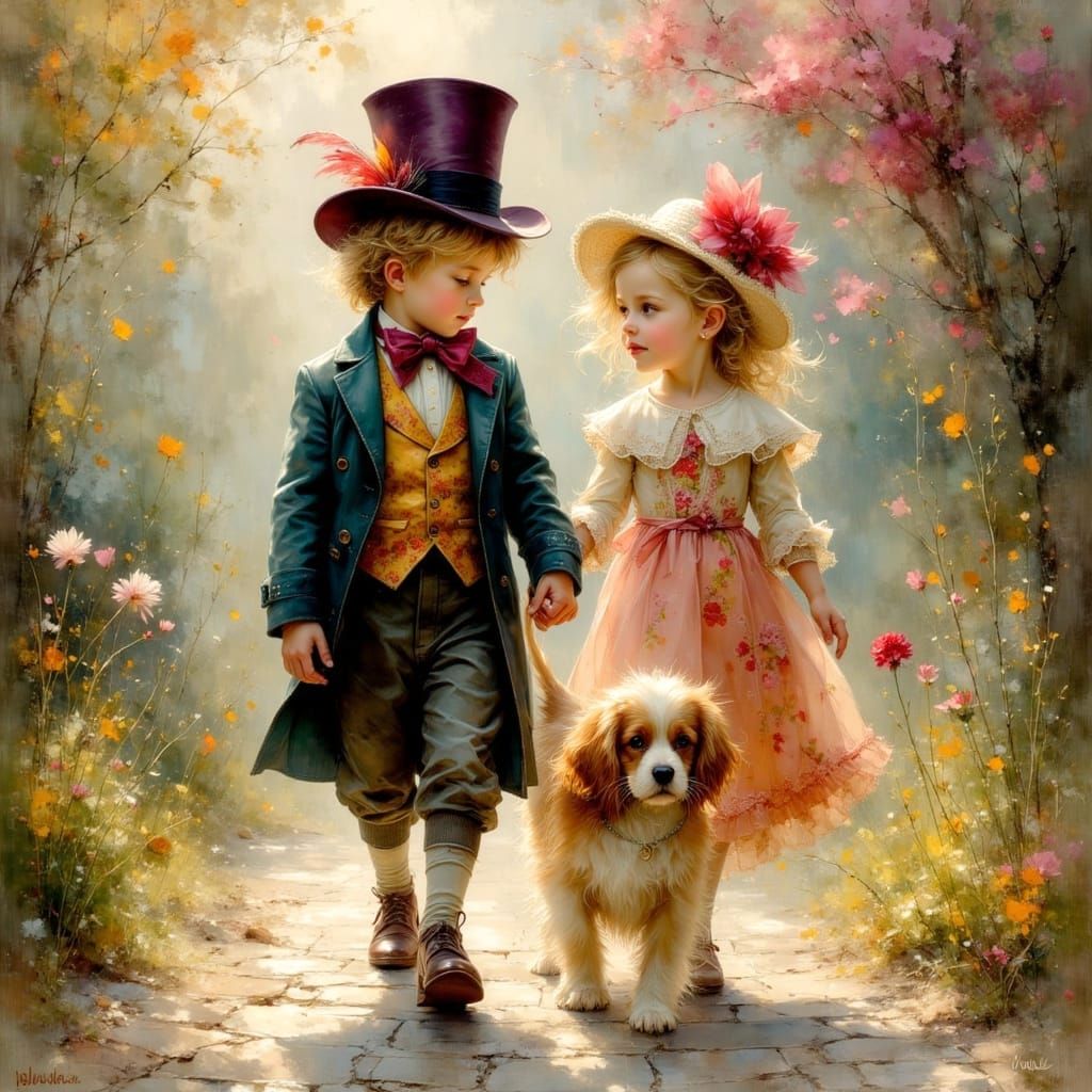 Children and Puppy on Cobblestone Path Painting