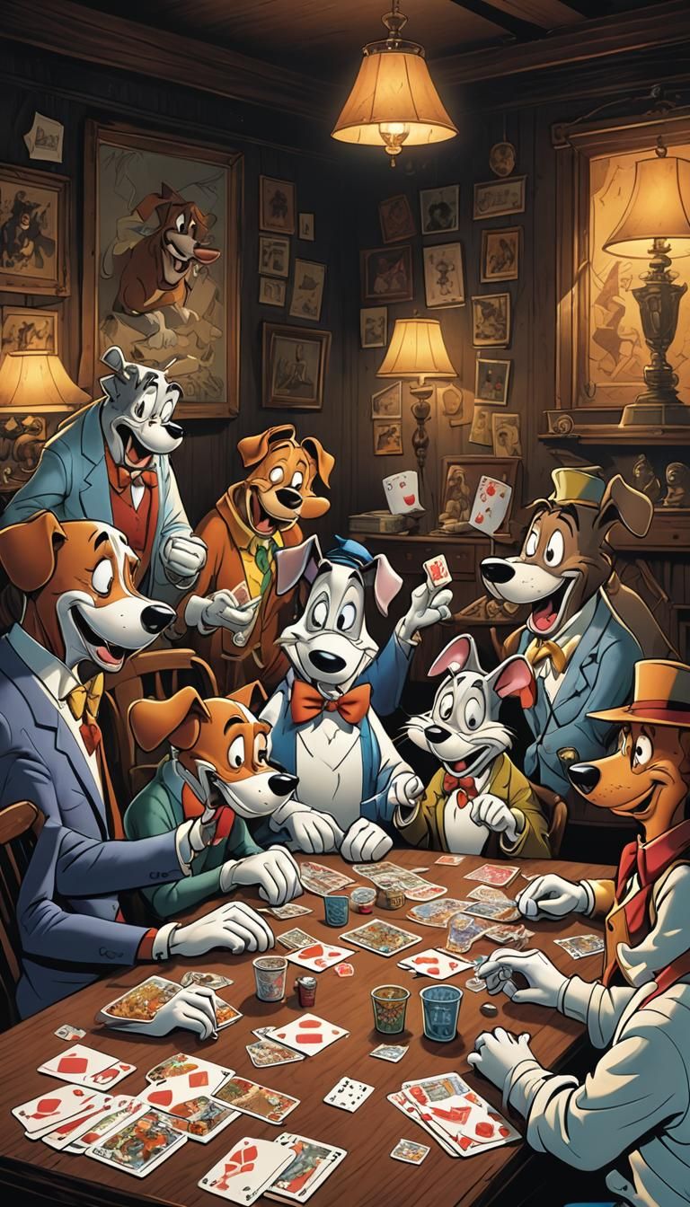 Cartoon Dogs Playing Cards in Comic Book Style
