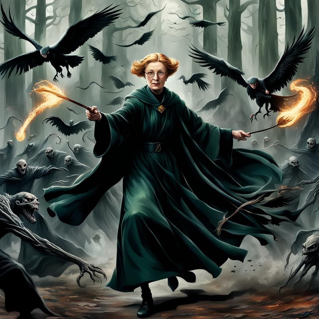 Sorceress Minerva McGonagall from Harry Potter fighting the ...