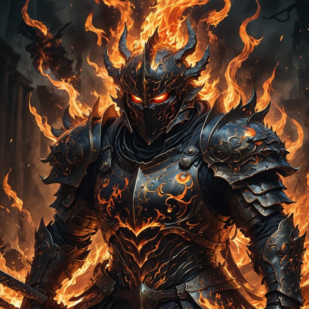 Dark Warrior Amidst Flames: 3D Anime Art