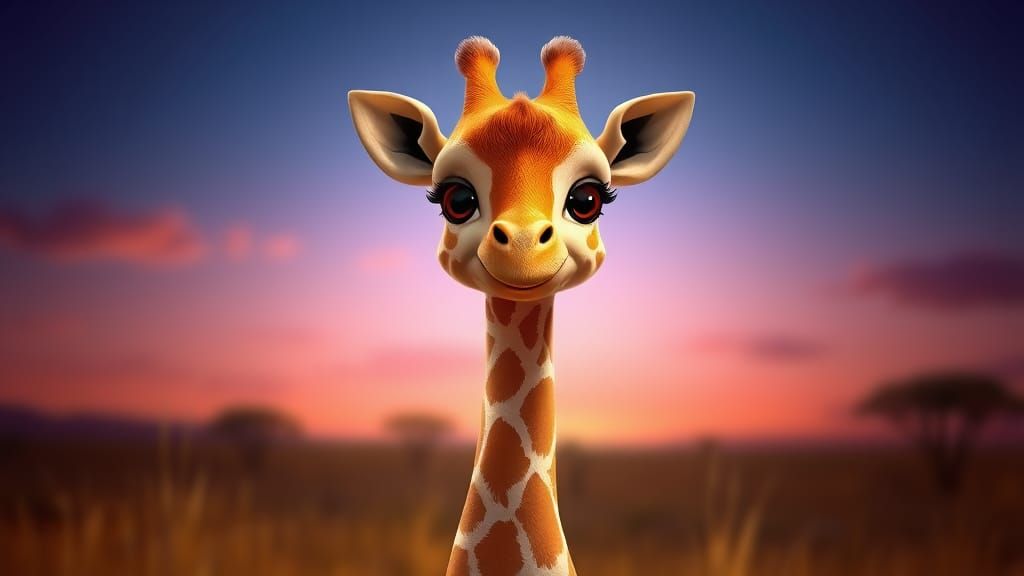 Cute Baby Giraffe Smiling in Savanna: 3D Digital Art