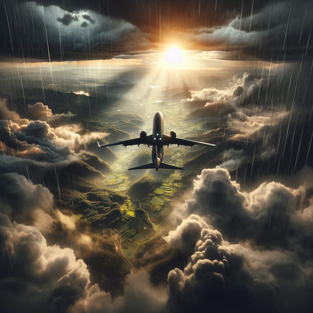Aircraft Ascends into Sunlight Above Storm