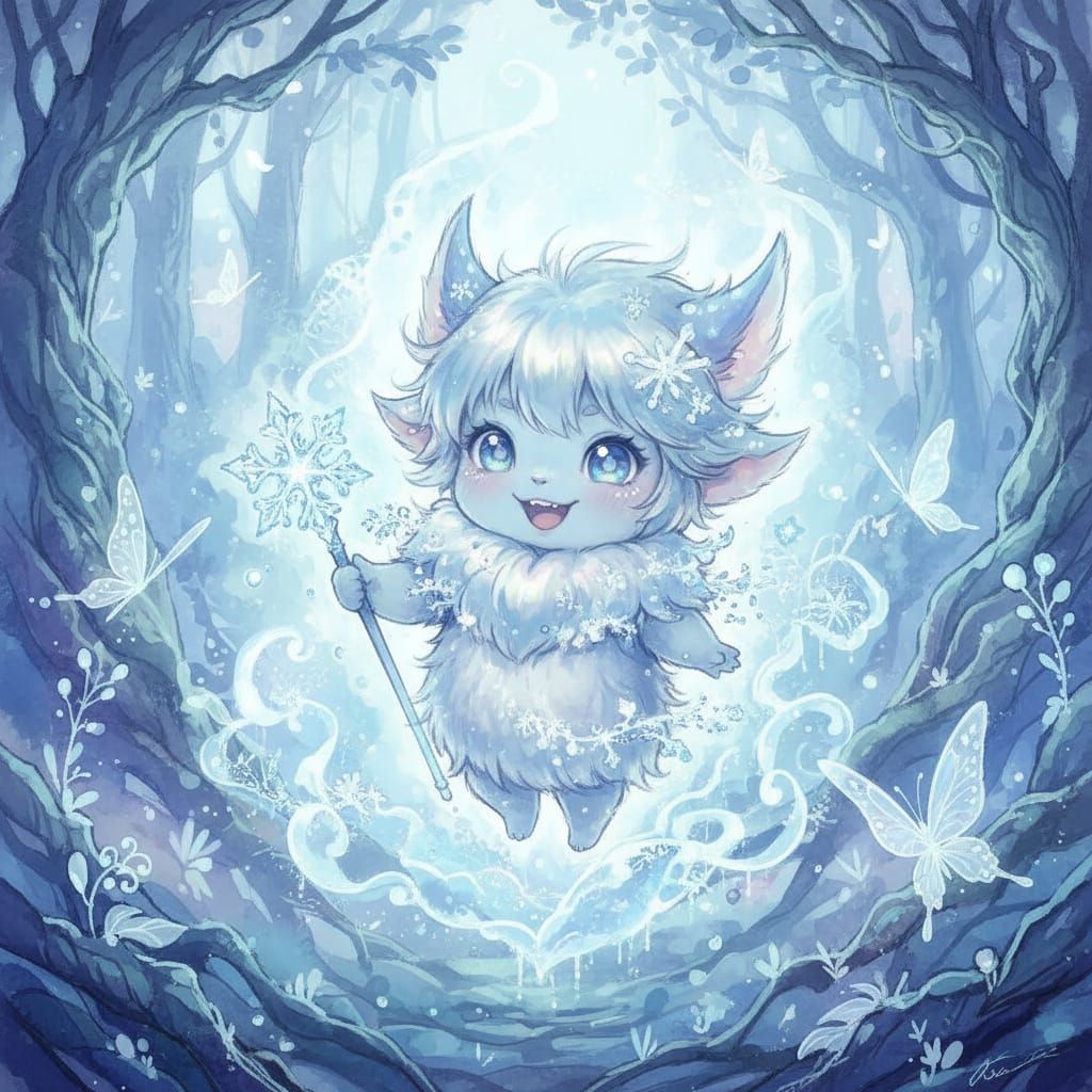 Whimsical Imp with Fluffy Fur Smiling in Moonlight