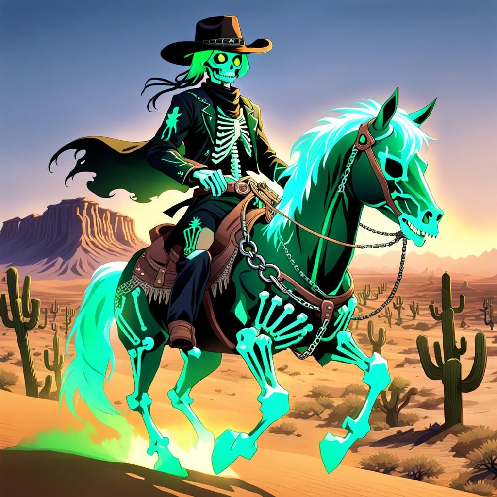 Cowboy Rides a Hellish Steed Across the Desert
