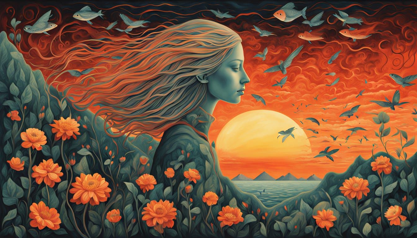 Bio Art Collage: Woman, Sunset, and Broken Heart