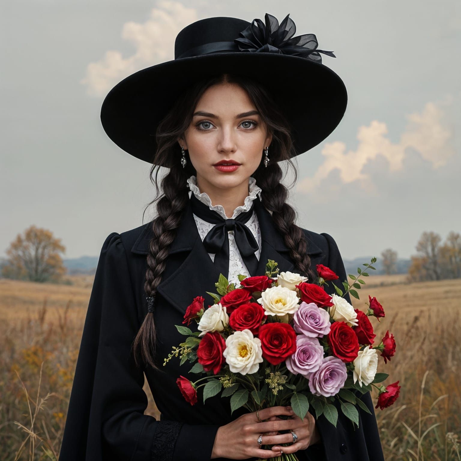 Woman in Black Coat and Hat with Flower Bouquet in Landscape