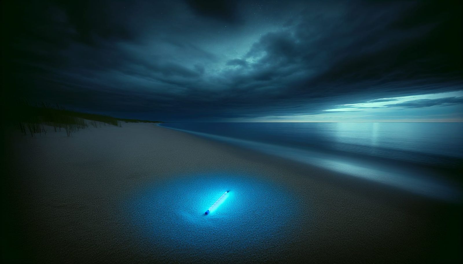 Midnight Beach with Blue Glowstick