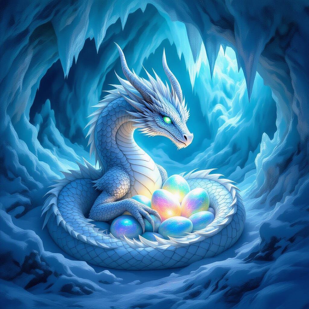 Silver Dragon Protects Opalescent Eggs in Bioluminescent Cav...
