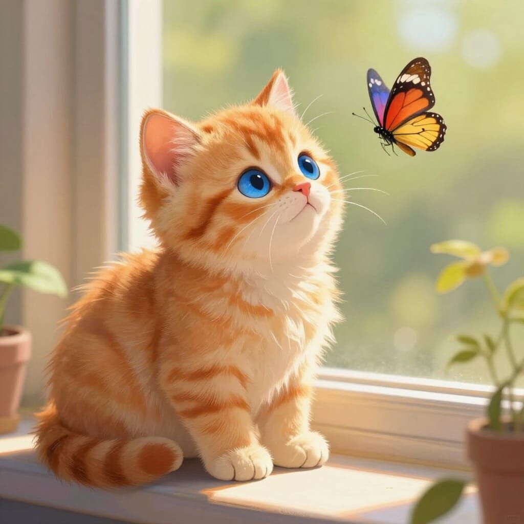 Fluffy Kitten on Windowsill with Butterfly
