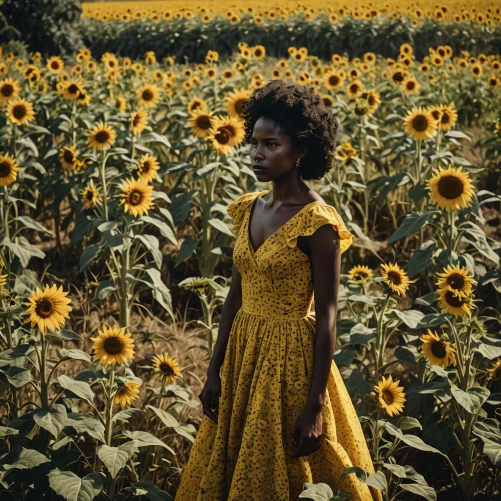 Black Girl in Sunflower Field: Cinematic Film Still