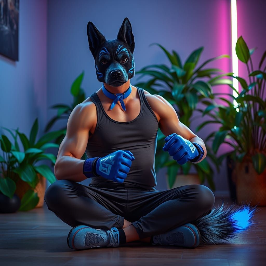 Cyberpunk Athlete Wears Dog Mask and Tail in Neon Apartment