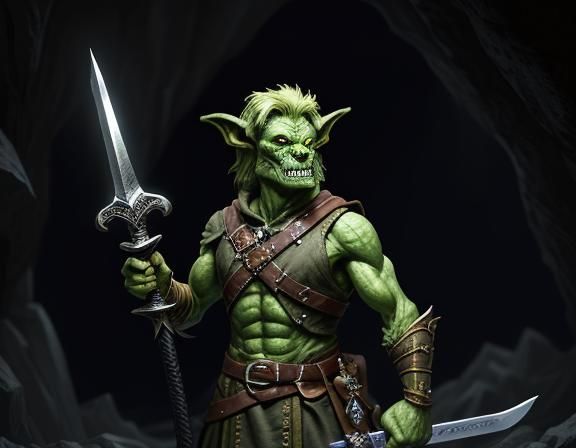 Goblin Warrior with Sword in Dark Cave