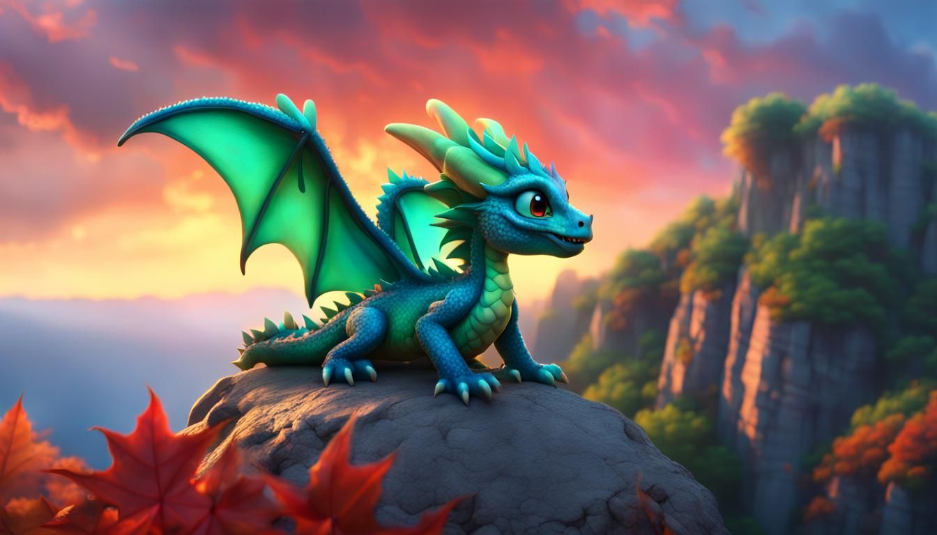 Hyperrealistic Baby Dragon on Cliff in 3D Digital Art
