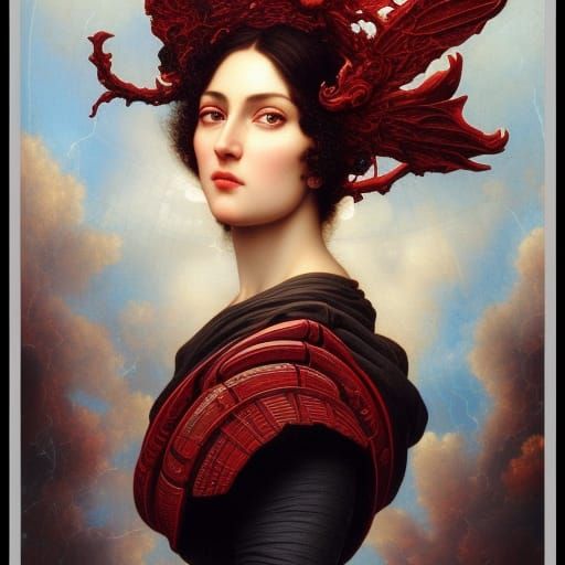 Dark Haired Woman in Red Spacesuit: Gothic Art Portrait