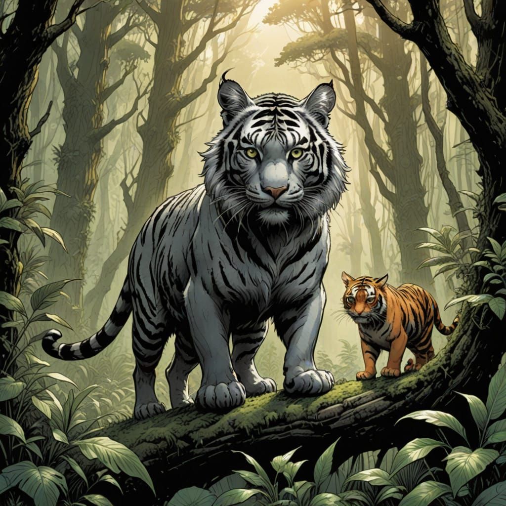 Whimsical Black and White Woodland Encounter