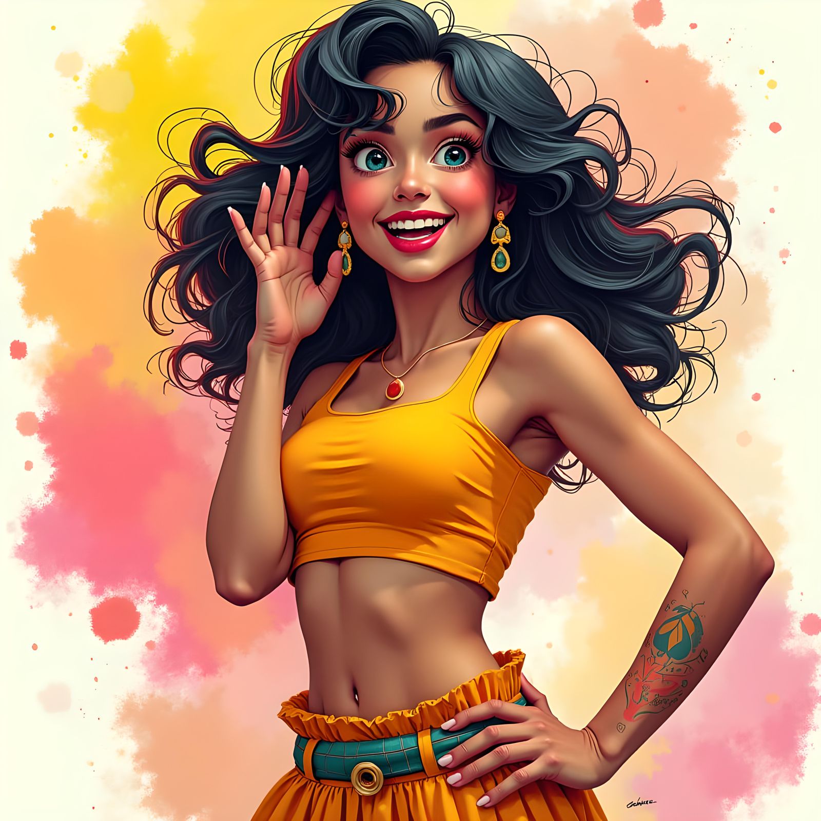 Playful Woman in Colorful Attire: Digital Illustration
