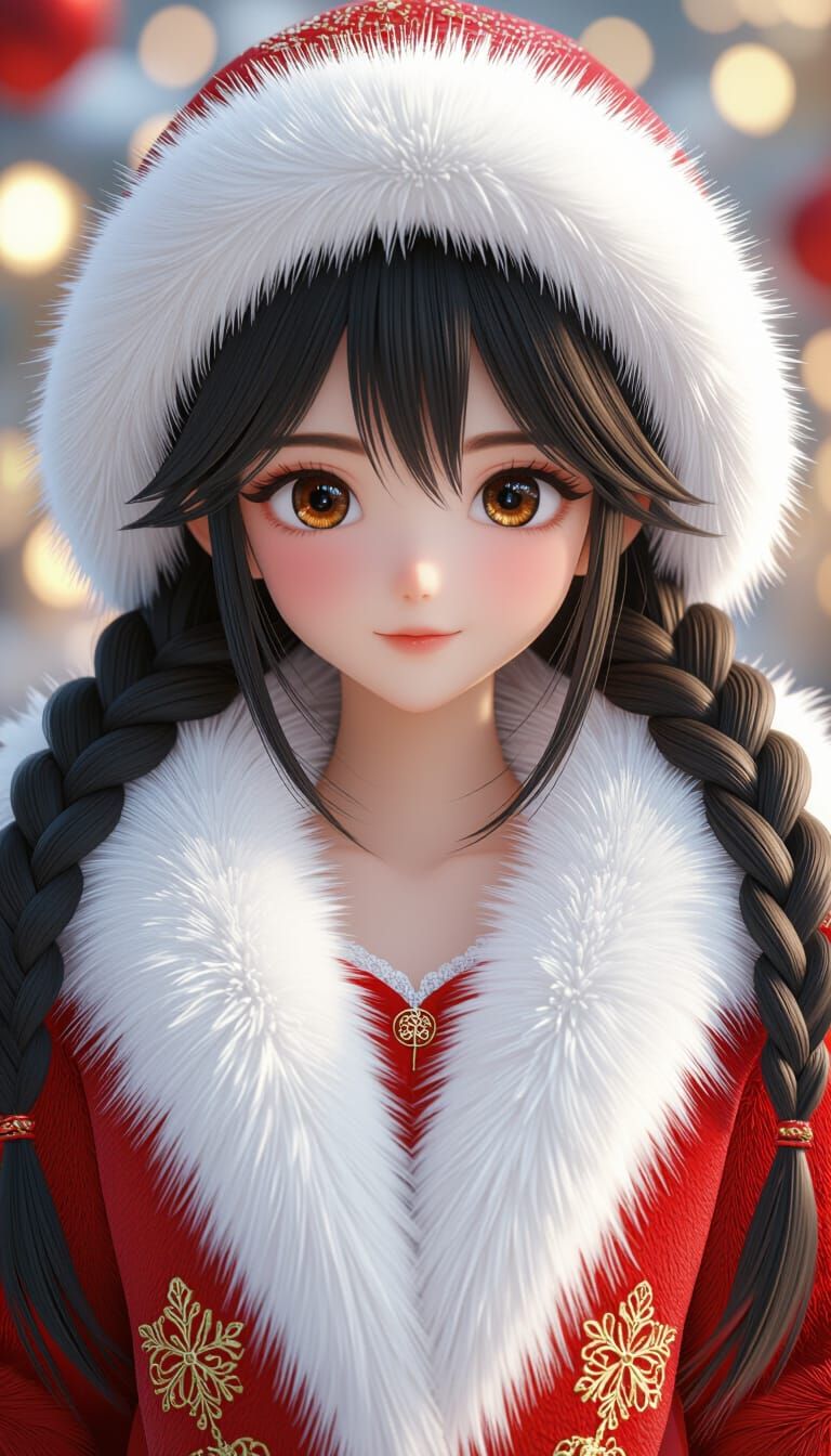 Anime Girl in Red Fur Coat, 3D Render