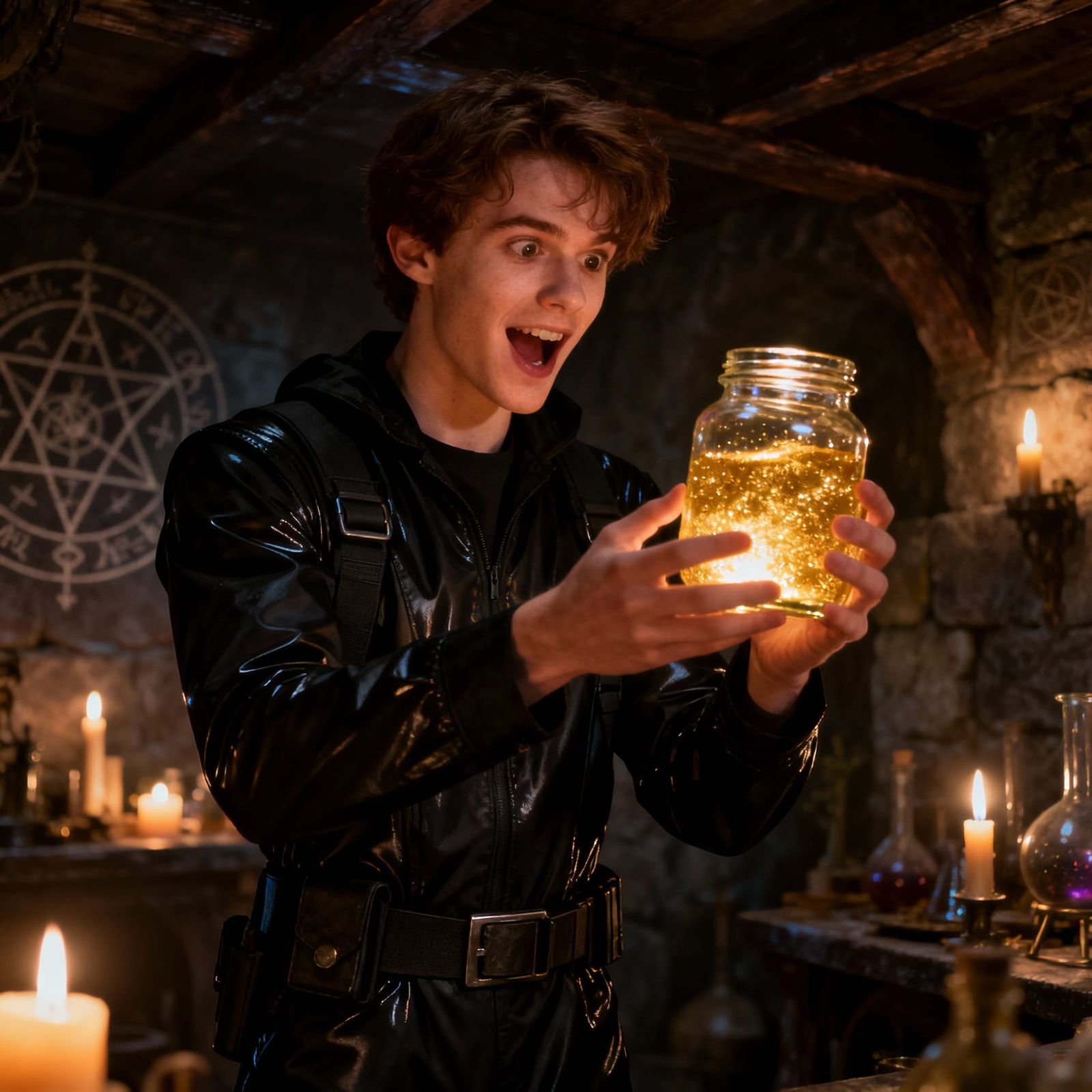 Alchemist Excitedly Holds Up Jar of Gold Ointment