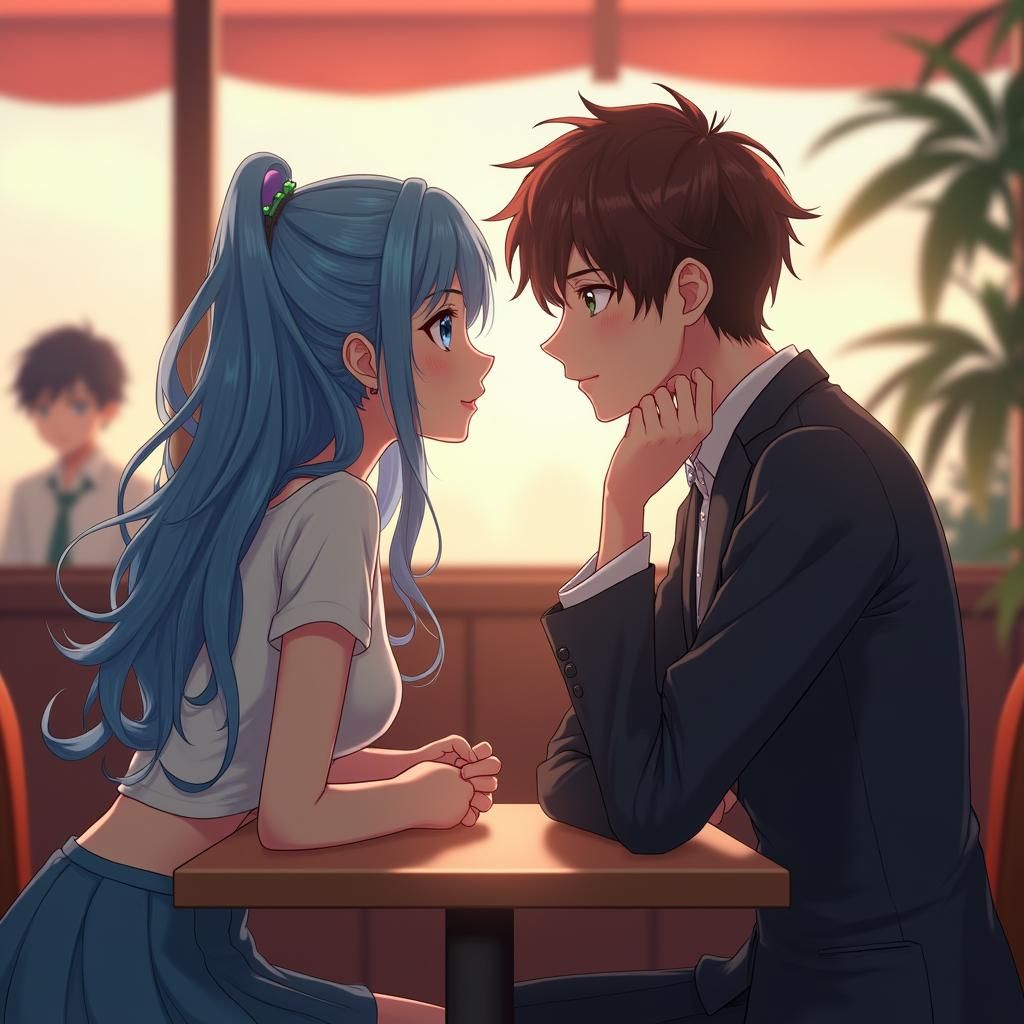 Anime Cafe Scene of Love Triangle in 3D