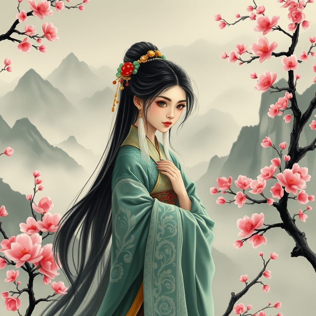 Elegant Fairy in Tang Dynasty Attire: Ink Wash Painting