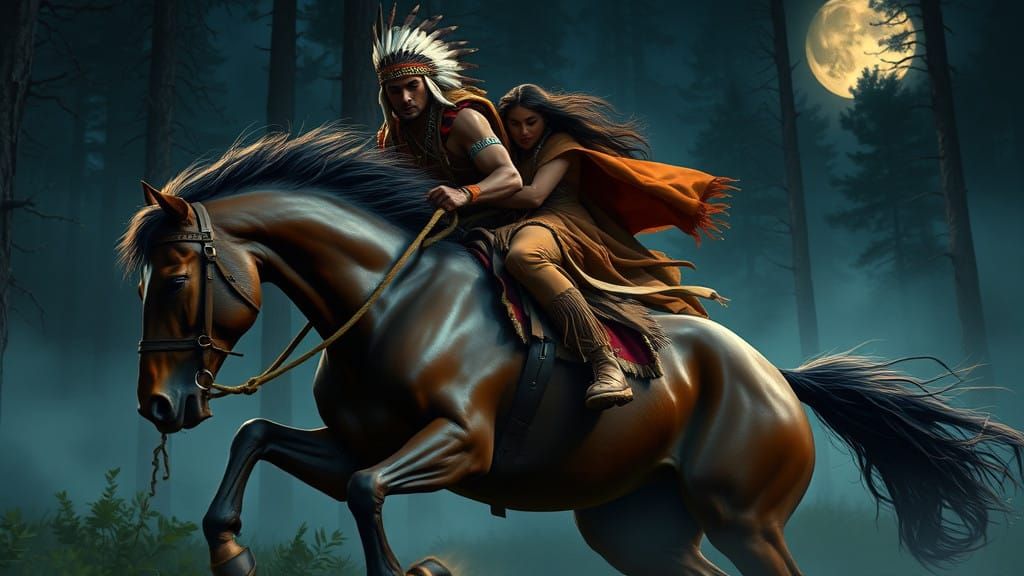 Native American Warrior Rides Majestic Mustang Through Moonl...