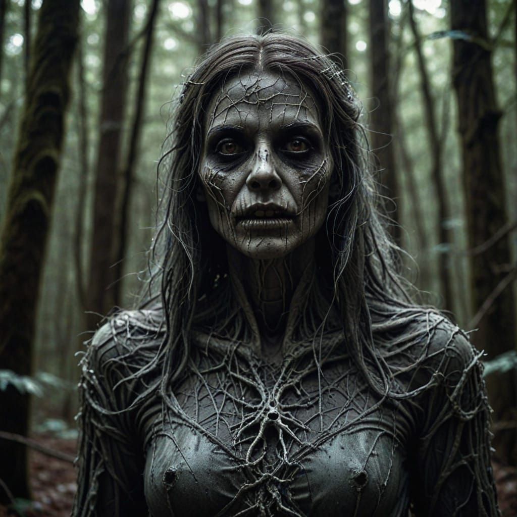 Ethereal Woman in Dark Forest Mystery